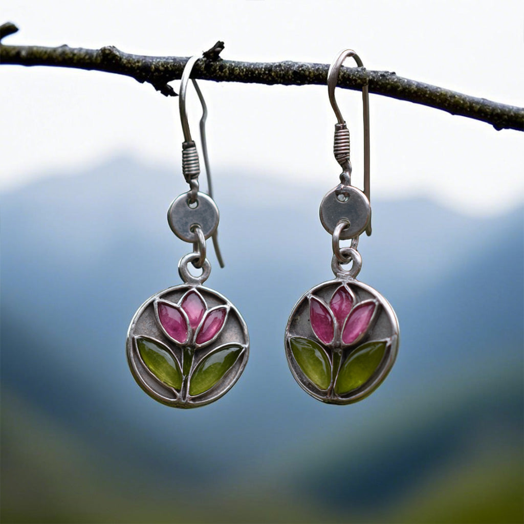 Stained Glass Flower Earrings – Pink & Green Enamel Floral Dangles in Silver Frame