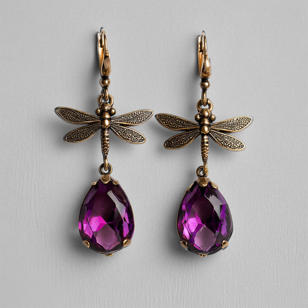 Vintage Dragonfly Drop Earrings – Antique Bronze with Purple Teardrop Crystal