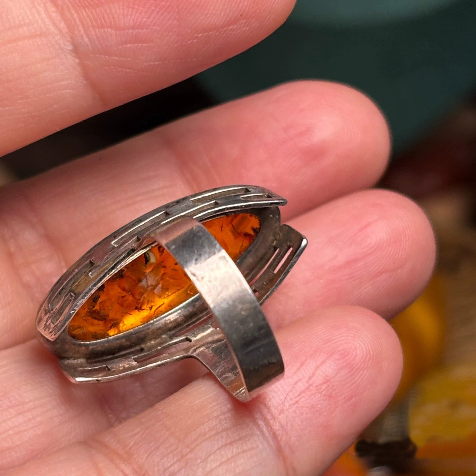 Vintage Amber Stone Silver Ring with Geometric Design