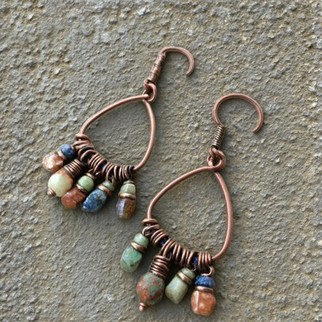 Rustic Copper Wire Drop Earrings with Multicolor Stone Beads