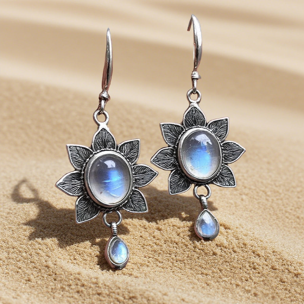 Vintage Moonstone Flower Drop Earrings – Boho Floral Dangle Jewelry