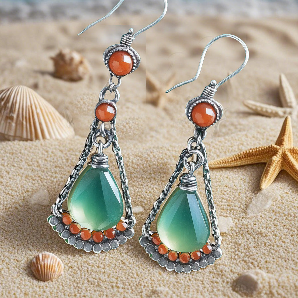 Vintage Teardrop Dangle Earrings – Green Crystal & Orange Bead Boho Earrings for Women