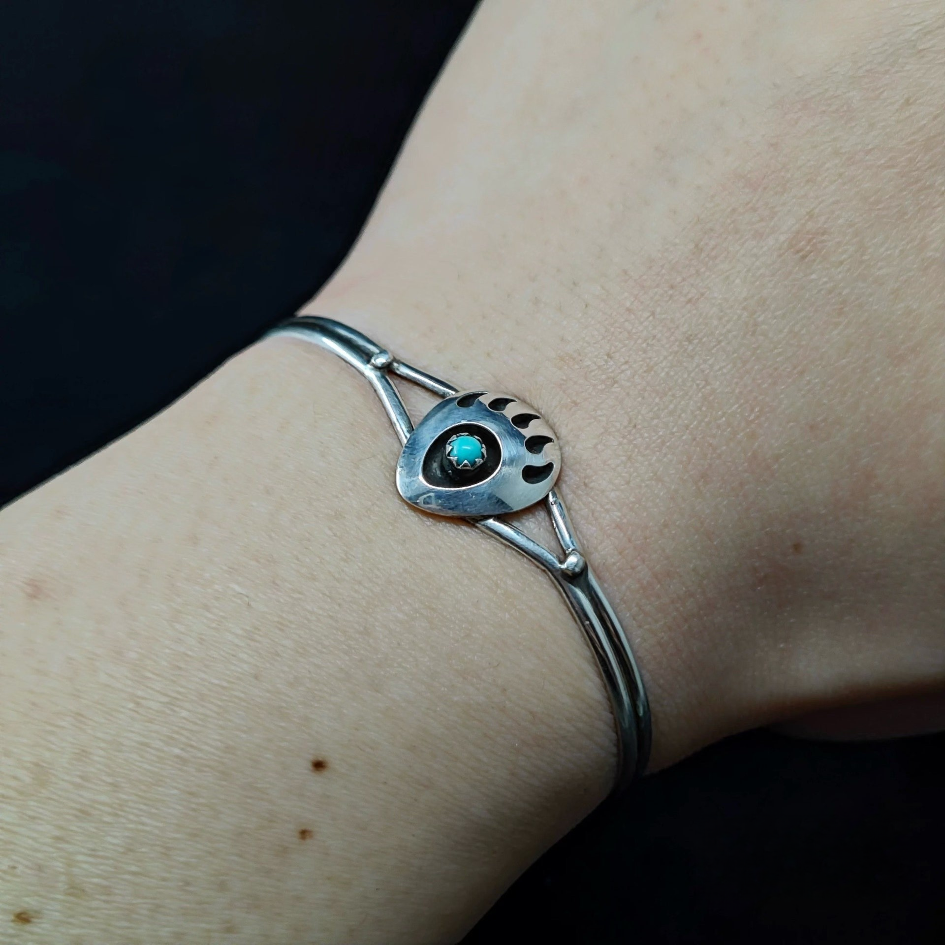 Sterling Silver Bear Paw Cuff Bracelet with Turquoise – Native American Inspired Tribal Bangle