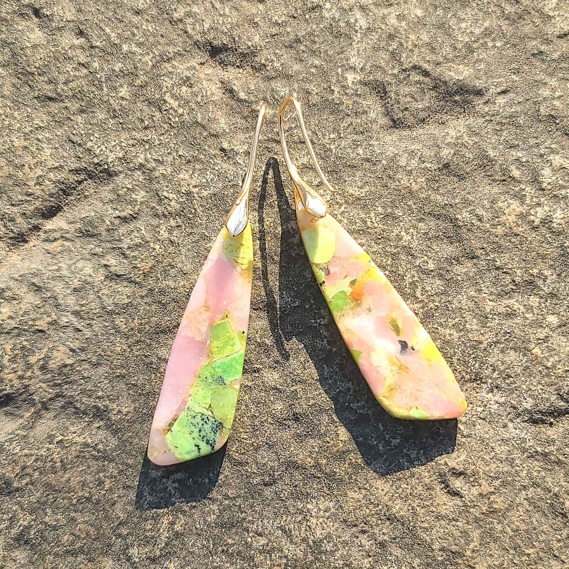 Handmade Pastel Green & Pink Mosaic Resin Earrings – Nature-Inspired Drop Earrings with Gold Hooks