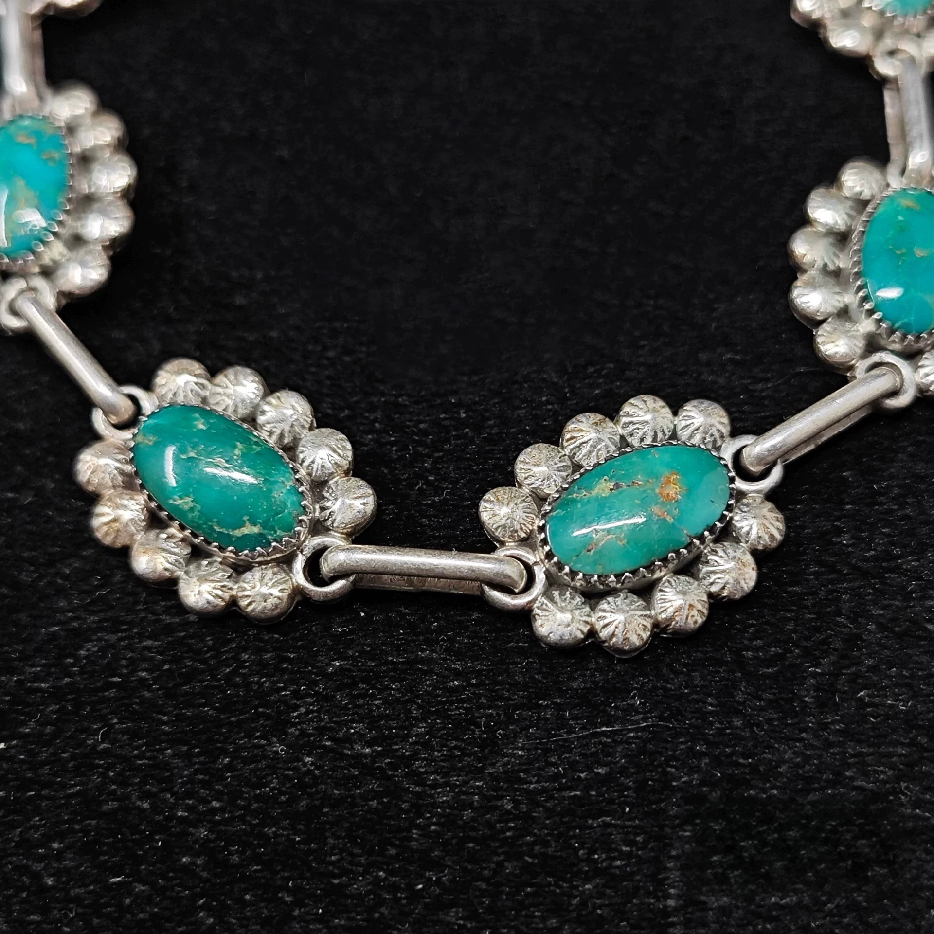 Vintage Turquoise and Sterling Silver Floral Link Bracelet – Handmade Boho Western Jewelry for Women