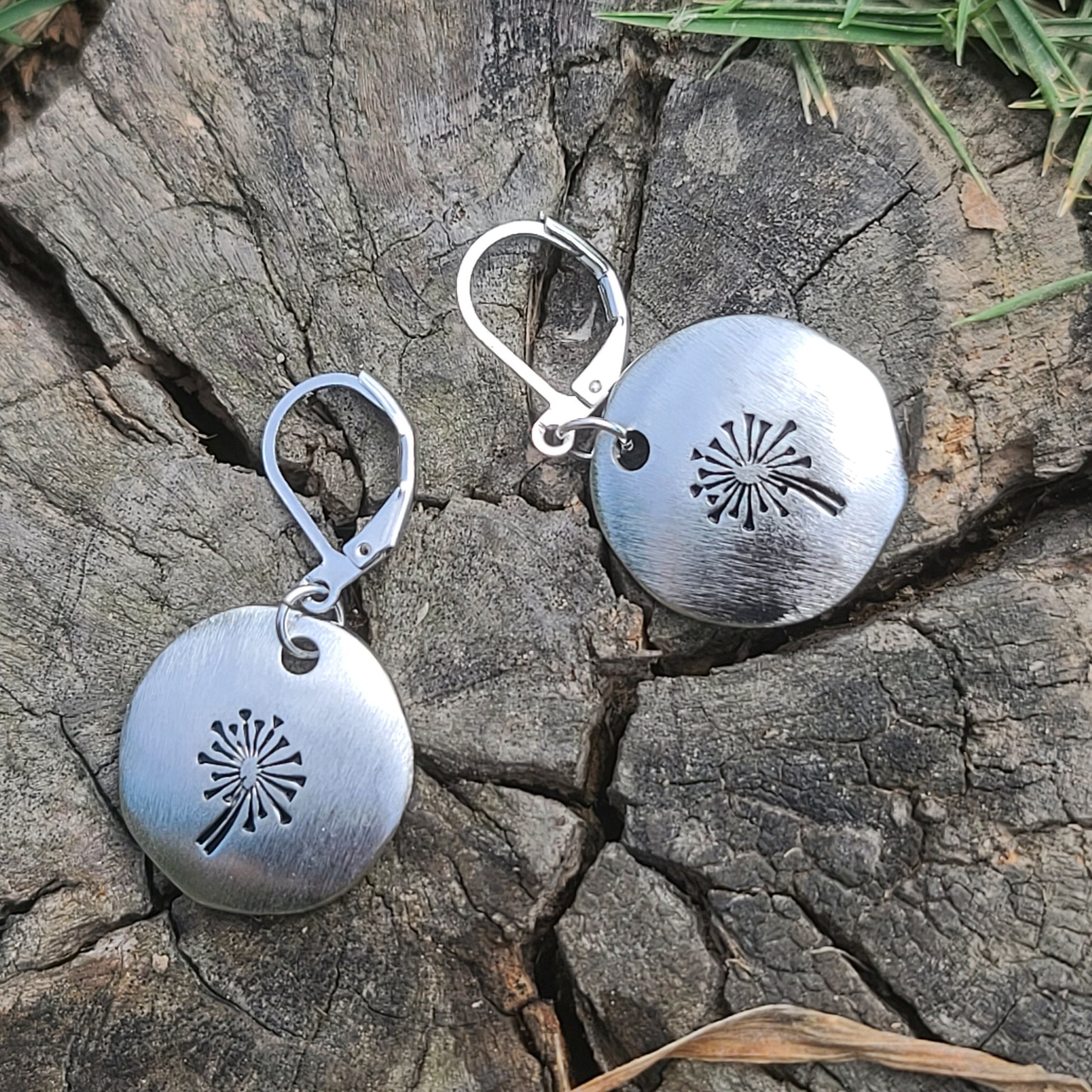 Handmade Brushed Silver Dandelion Earrings – Round Drop Earrings with Leverback Hooks