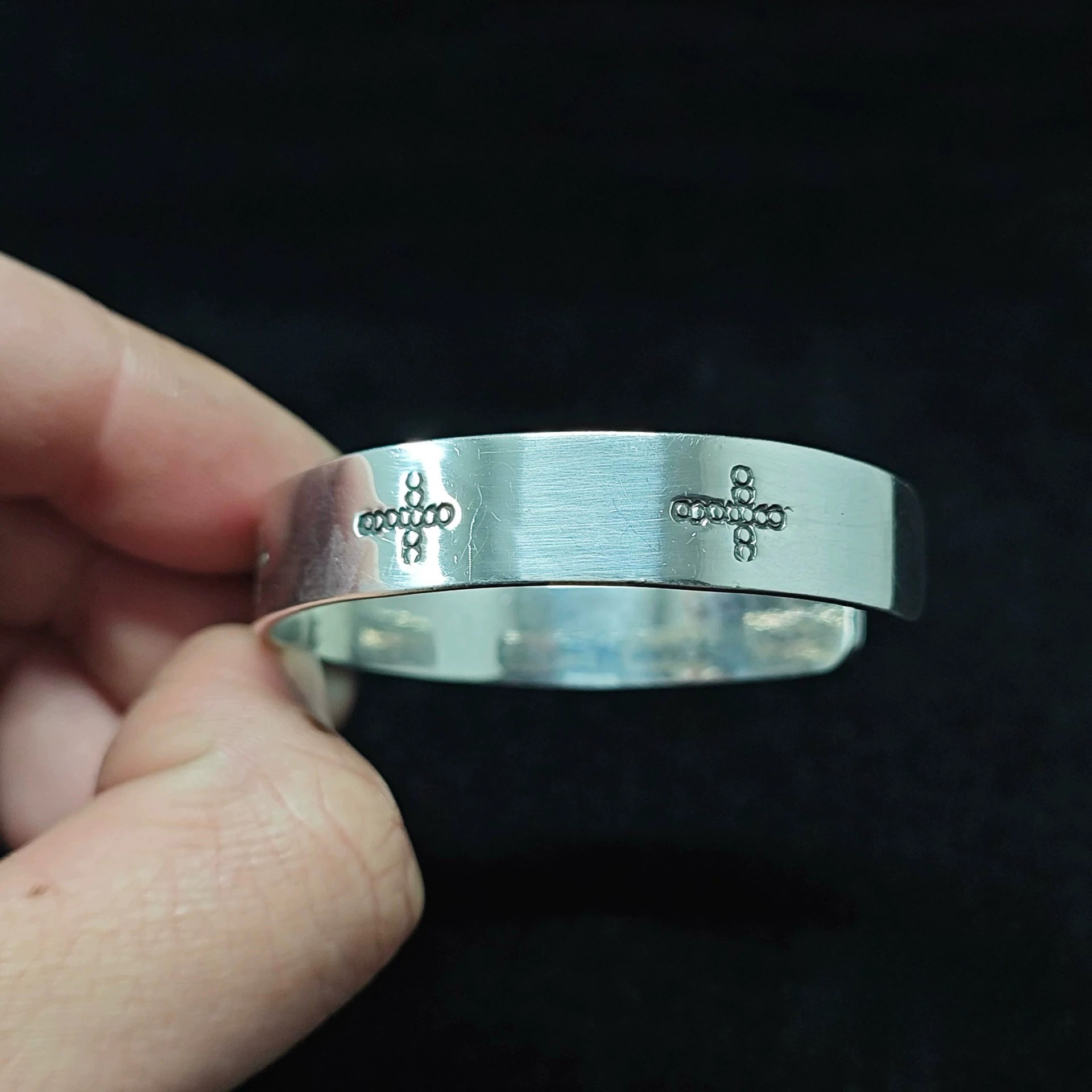 Minimalist Sterling Silver Cuff Bracelet with Stamped Cross and Dot Accents – Handmade Unisex Bangle