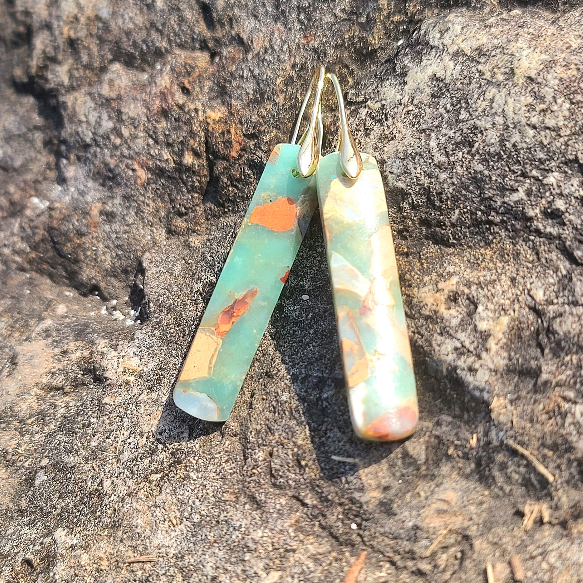 Handmade Mint Green & Terracotta Mosaic Resin Earrings – Long Rectangular Drop with Gold Hooks