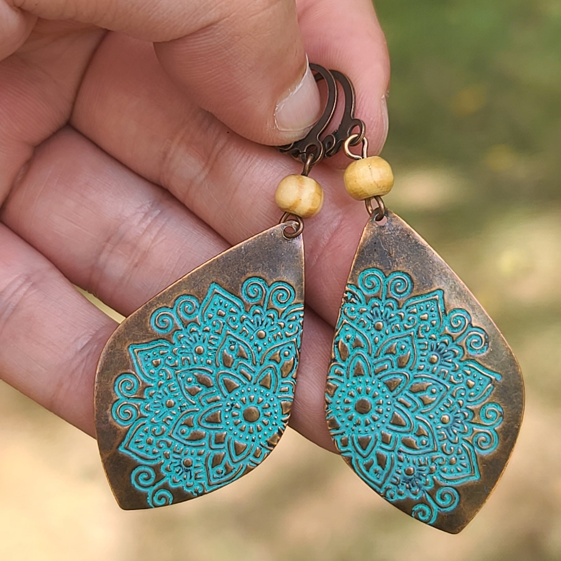 Boho Mandala Drop Earrings – Antique Bronze & Turquoise Engraved Tribal Statement Jewelry