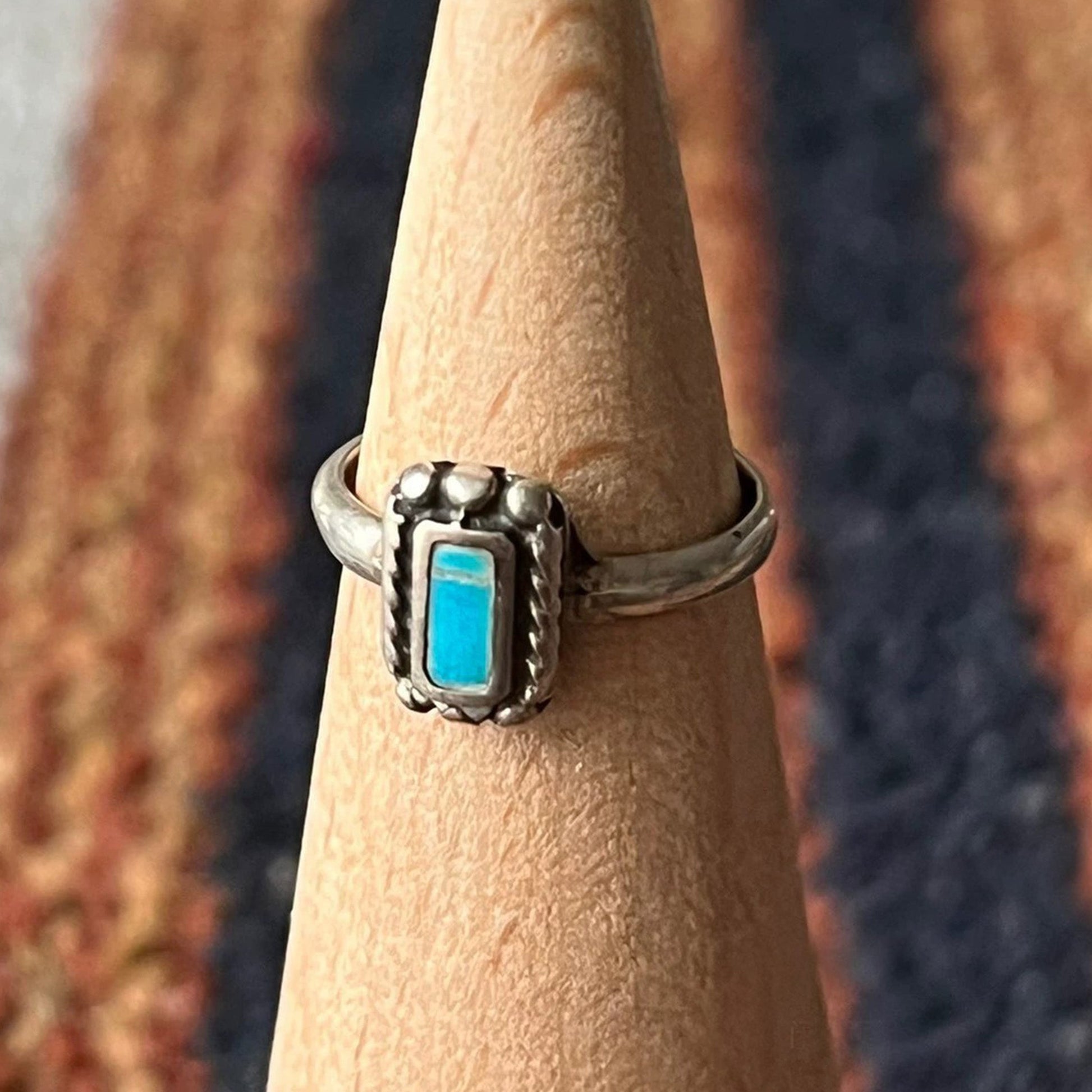 Petite Southwestern Turquoise Ring – Sterling Silver Rectangular Stone Vintage-Style Band