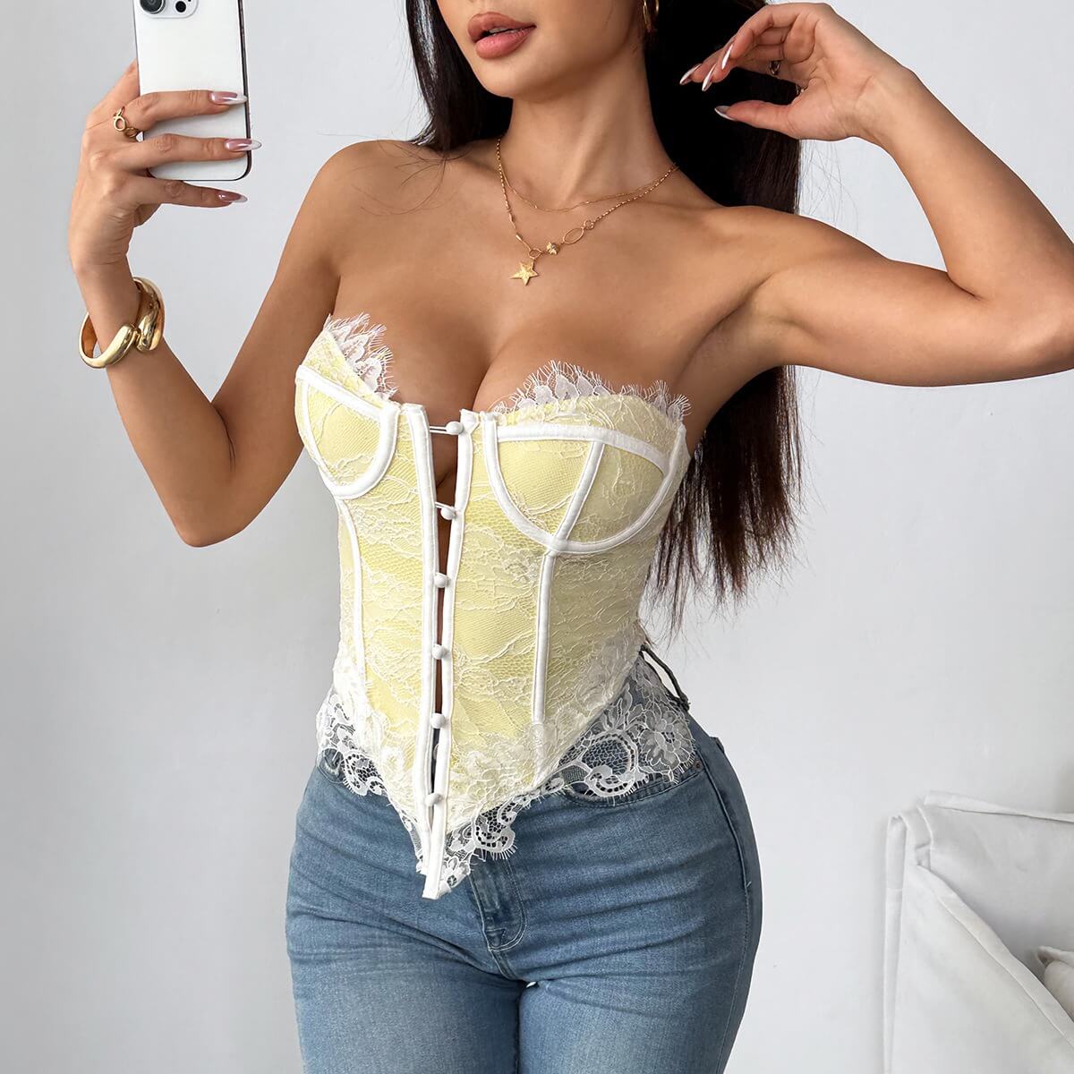 Sexy Lace Trim Strapless Bustier Top