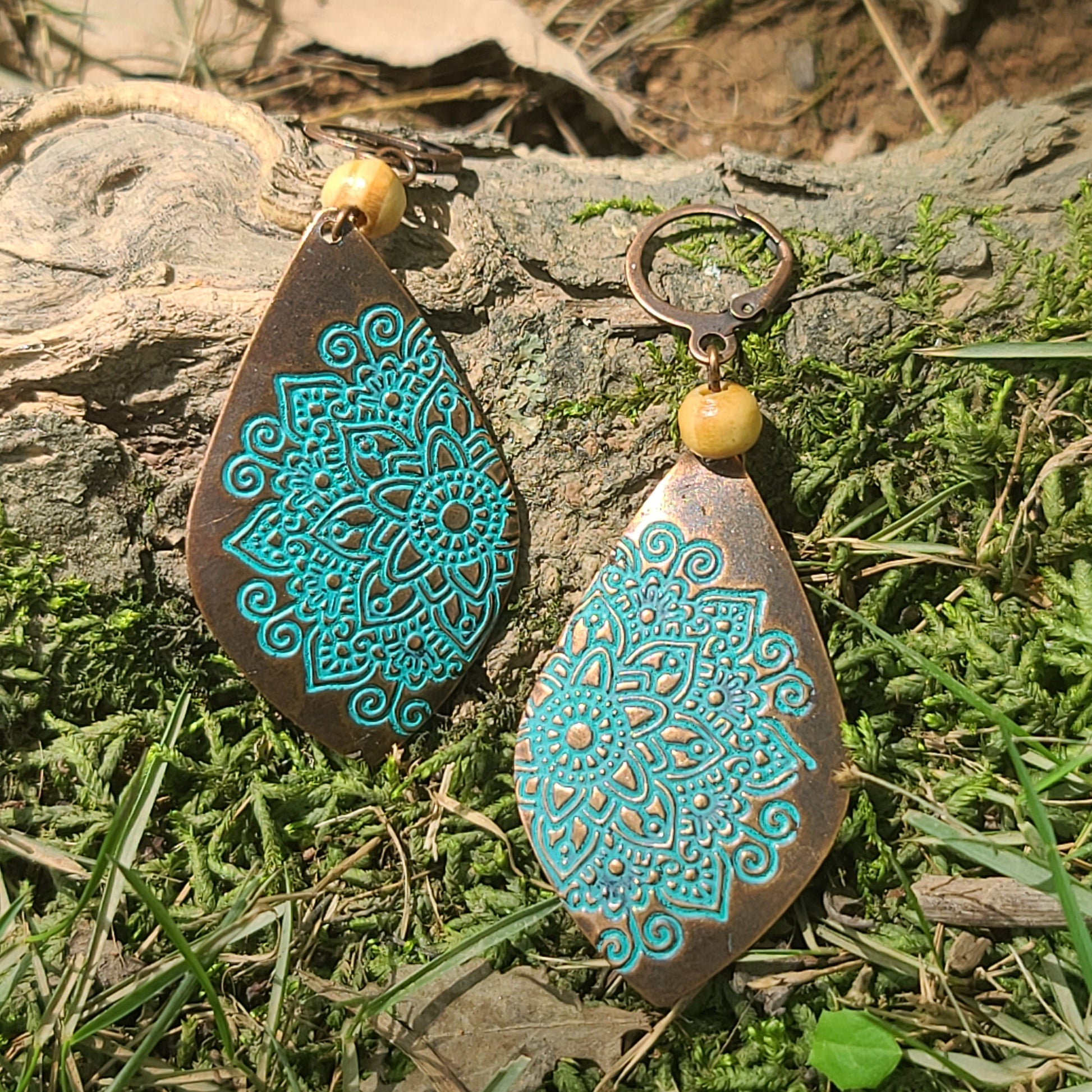 Boho Mandala Drop Earrings – Antique Bronze & Turquoise Engraved Tribal Statement Jewelry