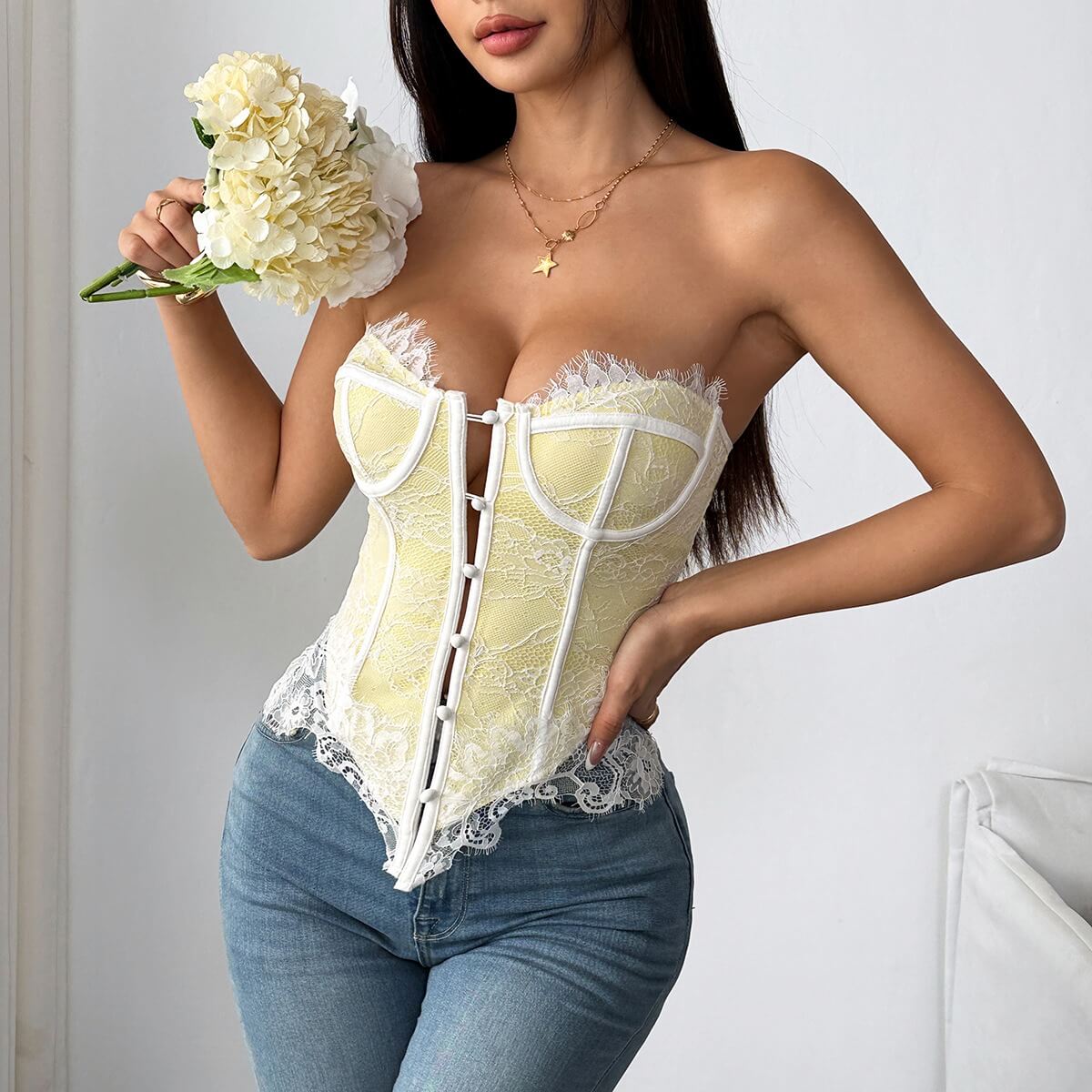 Sexy Lace Trim Strapless Bustier Top