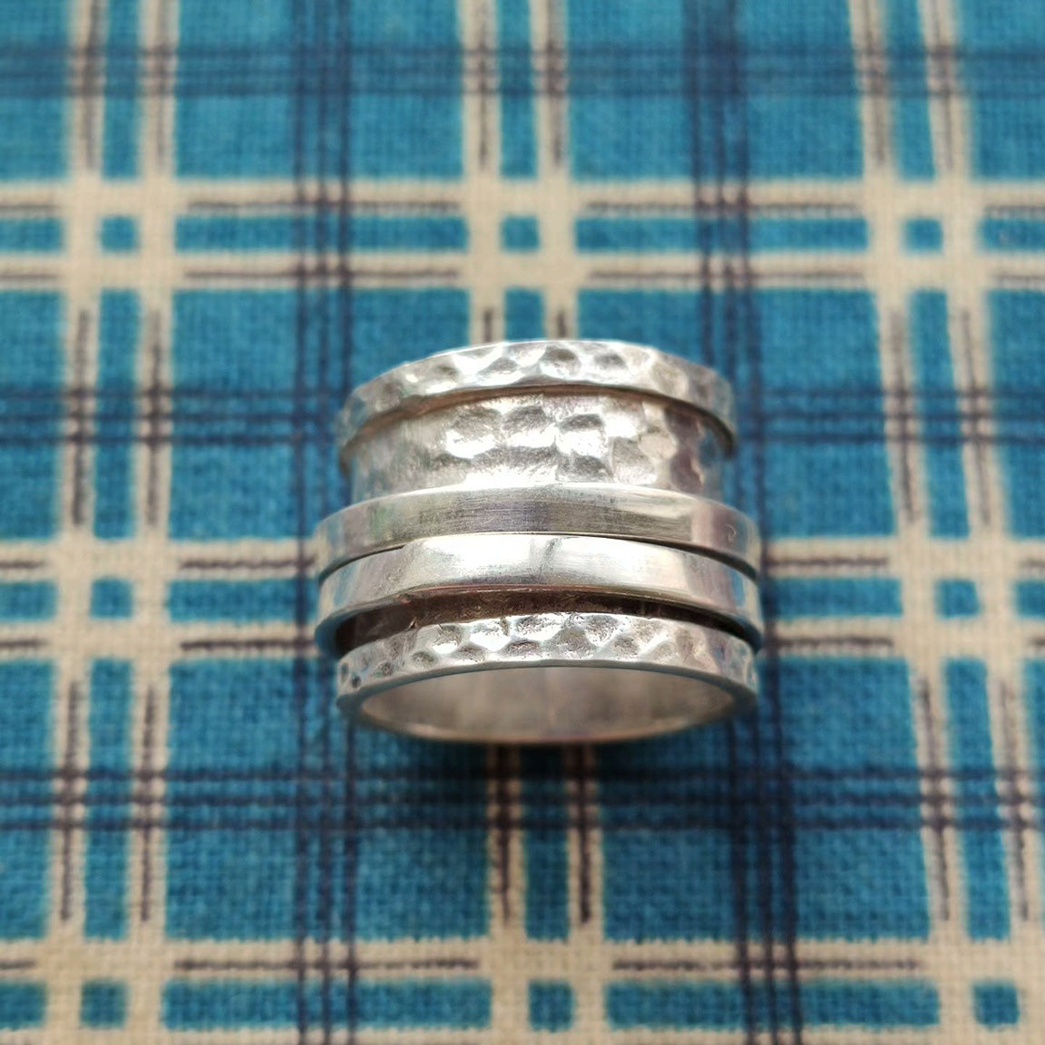 Hammered Sterling Silver Spinner Ring – Wide Band Meditation Ring with Triple Spinning Bands