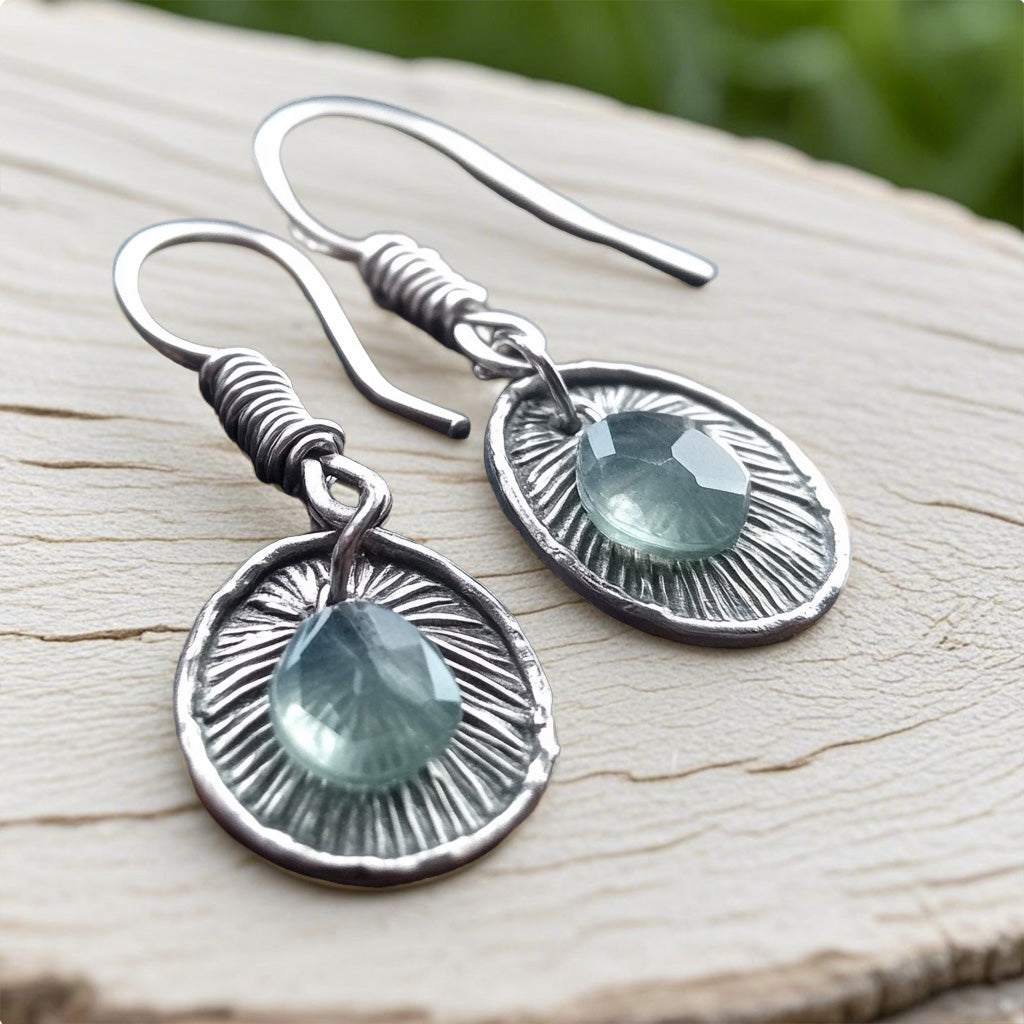 Handcrafted  Silver Drop Earrings – Faceted Aqua Gem with Sunburst Texture