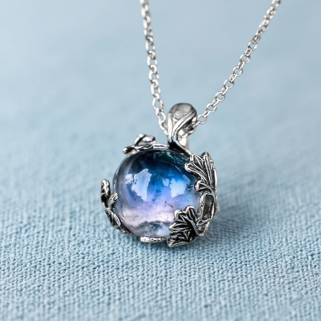Vintage Leaf Wrapped Galaxy Glass Orb Pendant Necklace for Women – Handmade Silver-Tone Chain Jewelry
