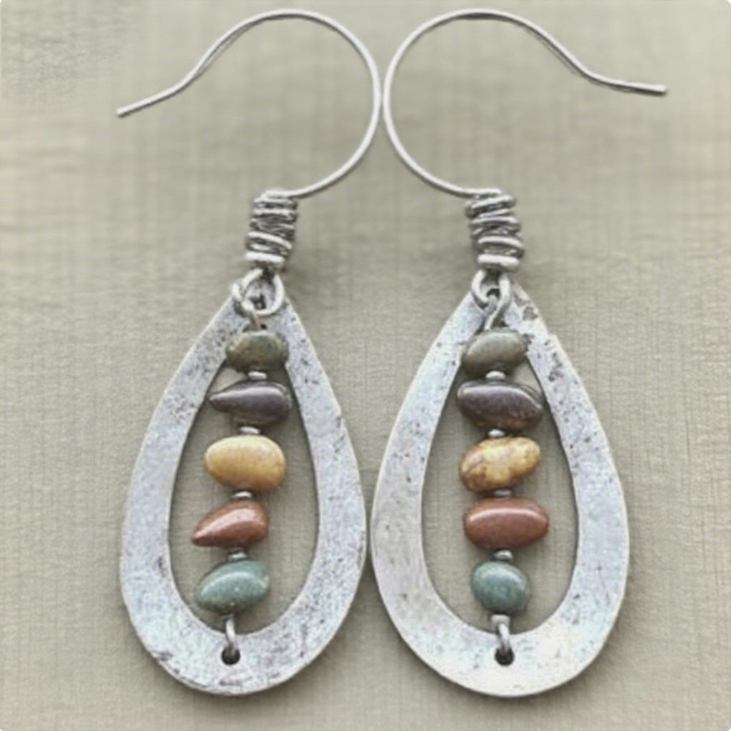 Boho Teardrop Metal Earrings with Multicolor Stone Beads