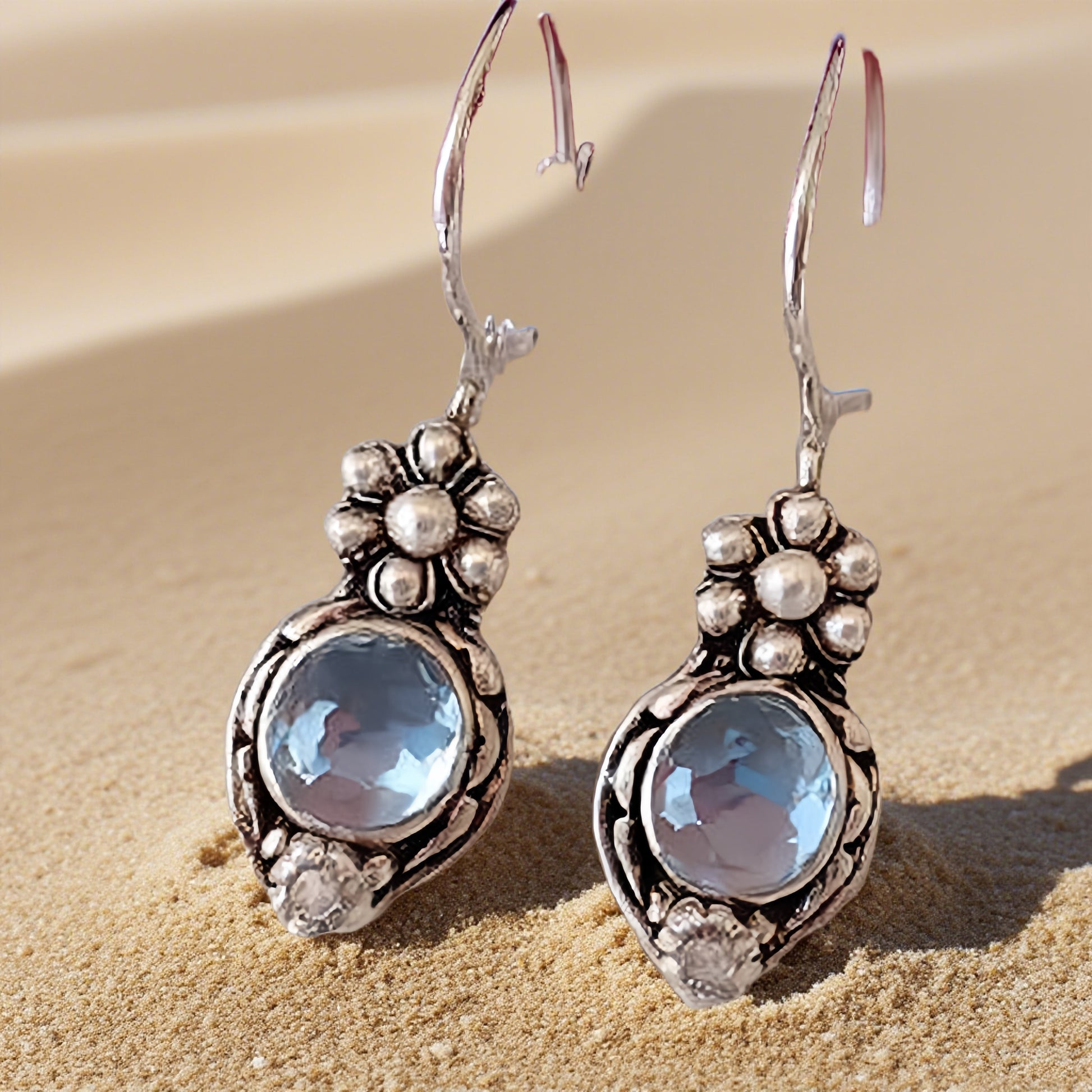 Vintage Floral Drop Earrings with Blue Gemstones – Sterling Silver Ocean-Inspired Victorian Jewelry