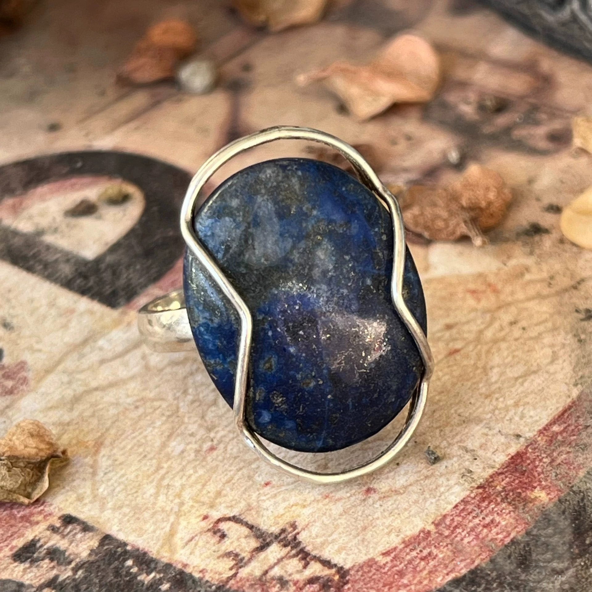 Sterling Silver Wire Wrapped Lapis Lazuli Ring – Handmade Oval Blue Stone Statement Jewelry