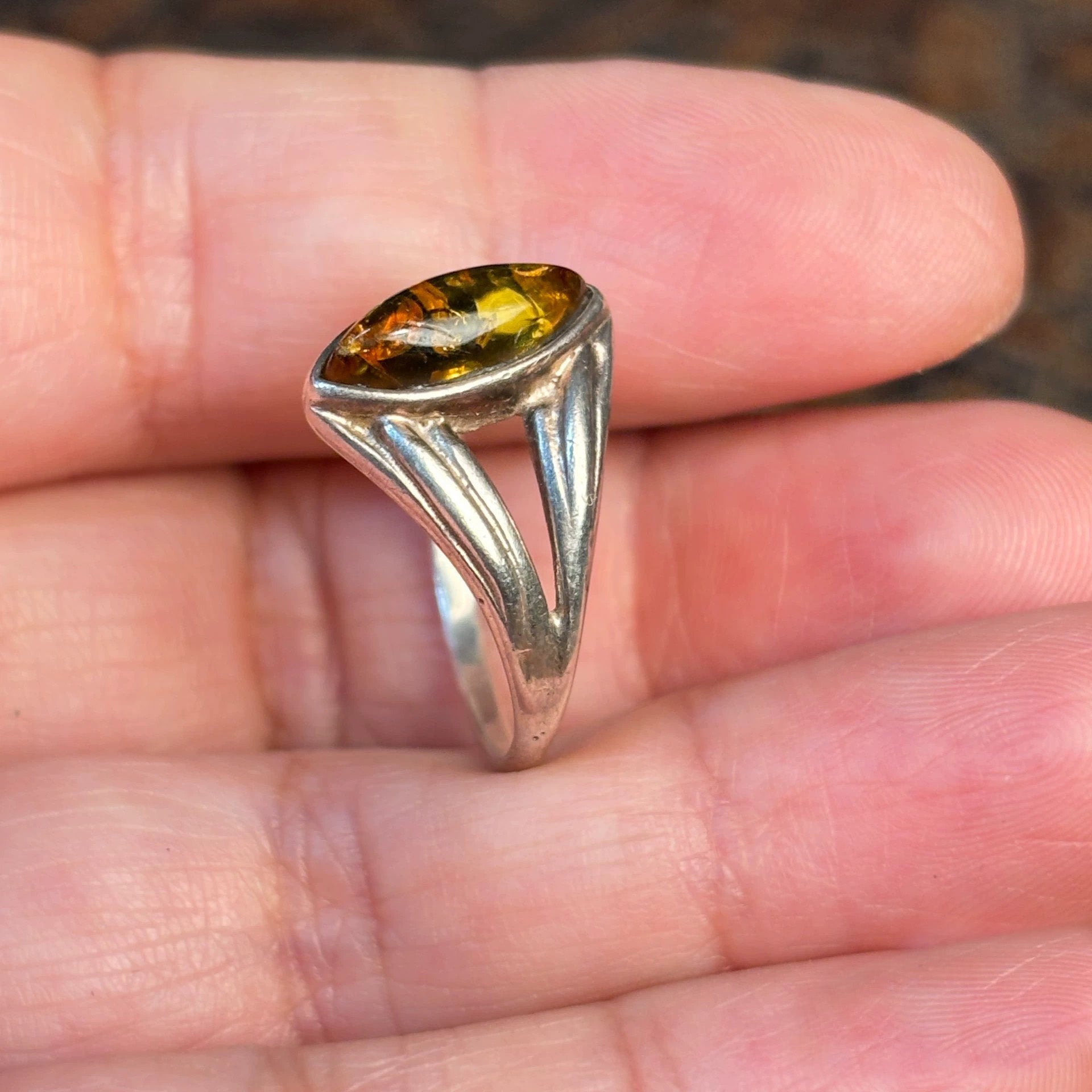 Unique Marquise-Shaped Baltic Amber Ring in Sterling Silver – Vintage Handmade Jewelry for Women