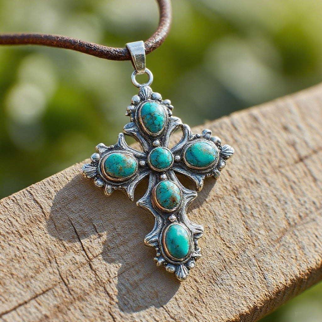 Turquoise Cross Pendant Necklace – Vintage Silver Western Jewelry