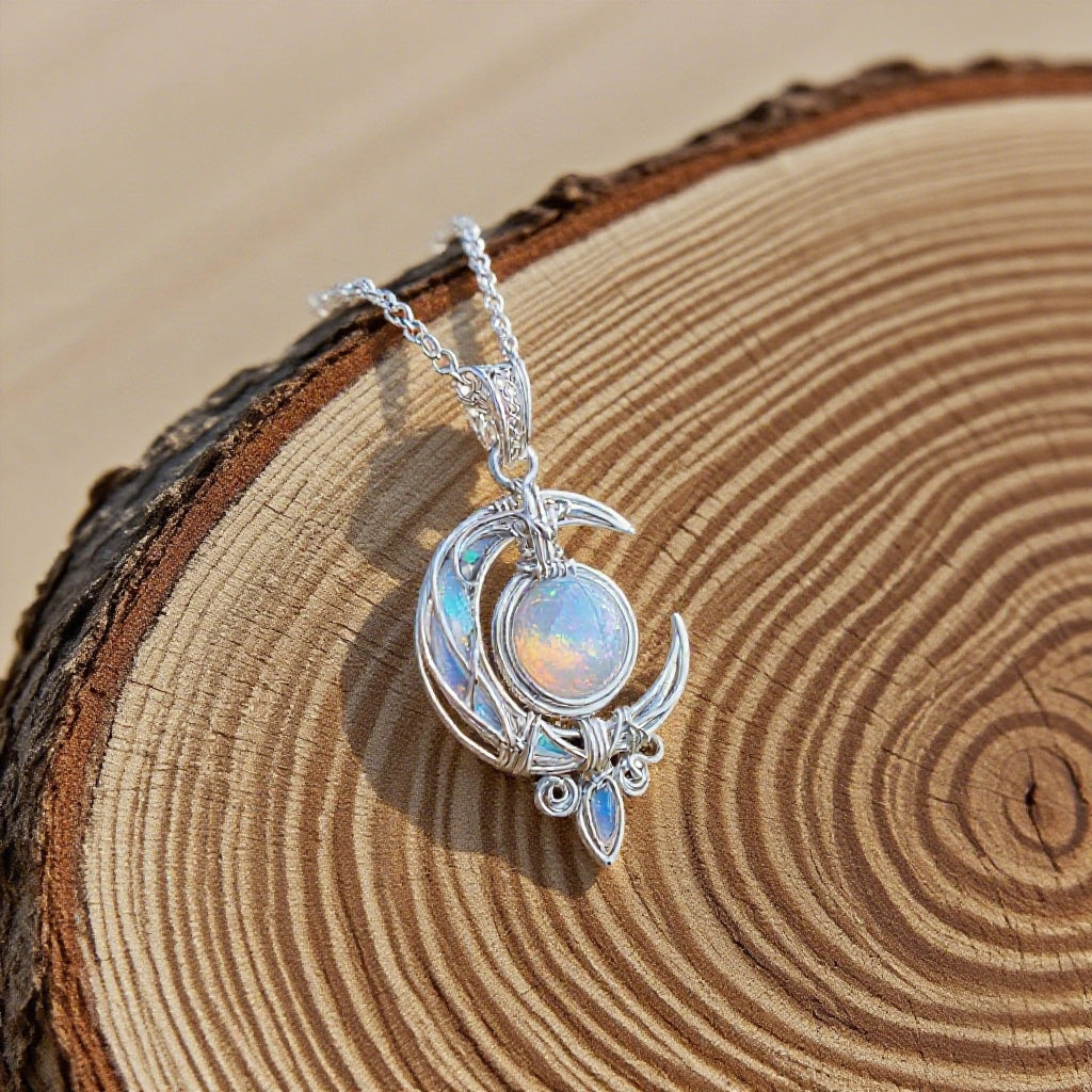 Mystic Moon Pendant Necklace with Opal Stone – Silver Celestial Jewelry for Boho & Fantasy Lovers