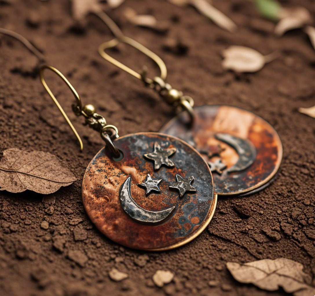 Rustic Copper Moon & Stars Dangle Earrings