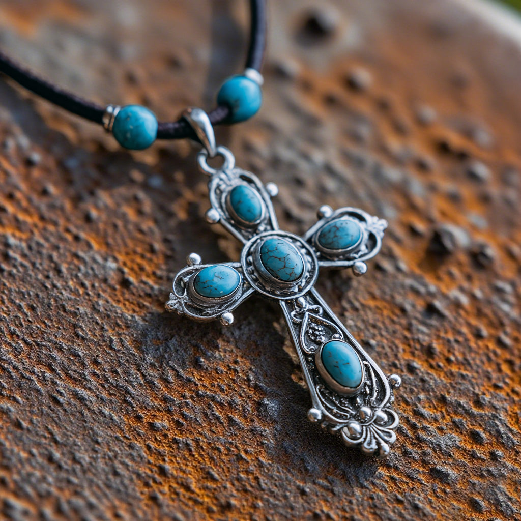 Vintage Turquoise Cross Pendant Necklace