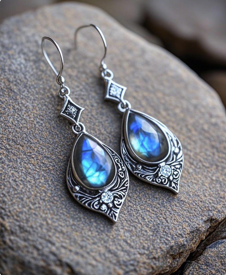 Mystic Blue Teardrop Earrings with Ornate Vintage Filigree