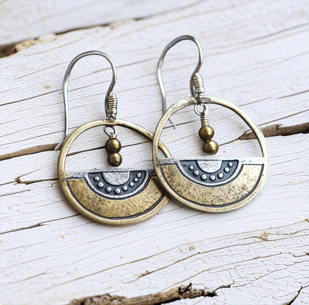 Boho Tribal Circle Earrings – Mixed Metal Geometric Dangle Earrings with Brass Beads