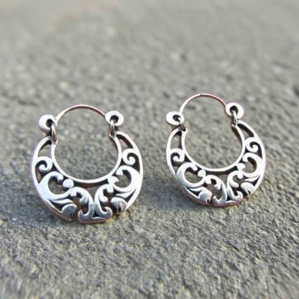 Boho Filigree Hoop Earrings – Vintage Silver Cutout Crescent Design