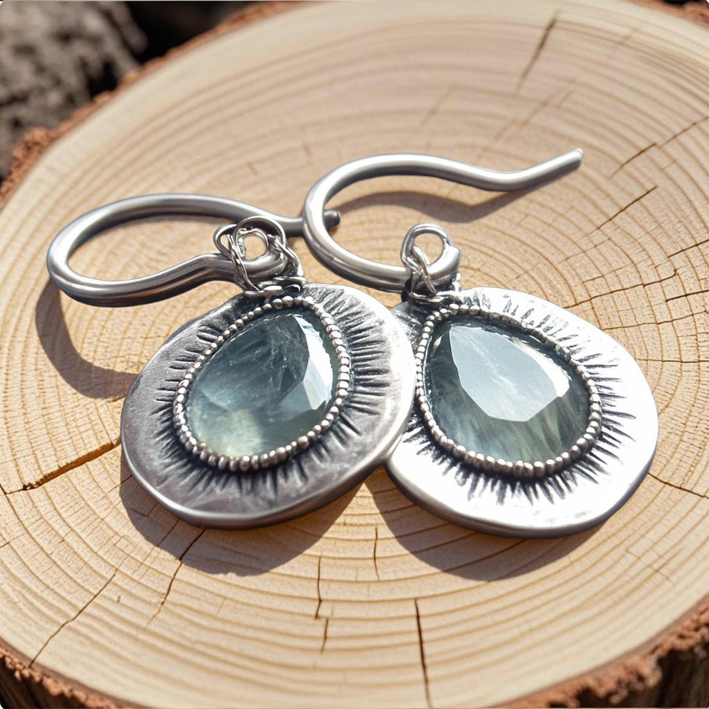 Elegant  Silver Teardrop Earrings – Faceted Gemstone Drops with Sunburst Detailing