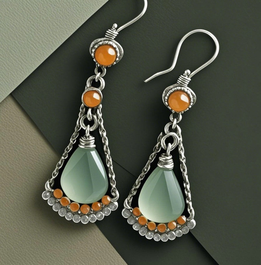 Elegant Silver Teardrop Earrings with Green and Orange Accents