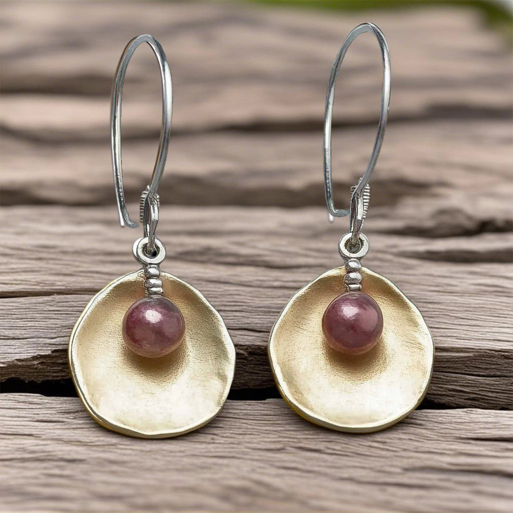 Modern Organic Drop Earrings – Gold Hammered Disc with Plum Bead
