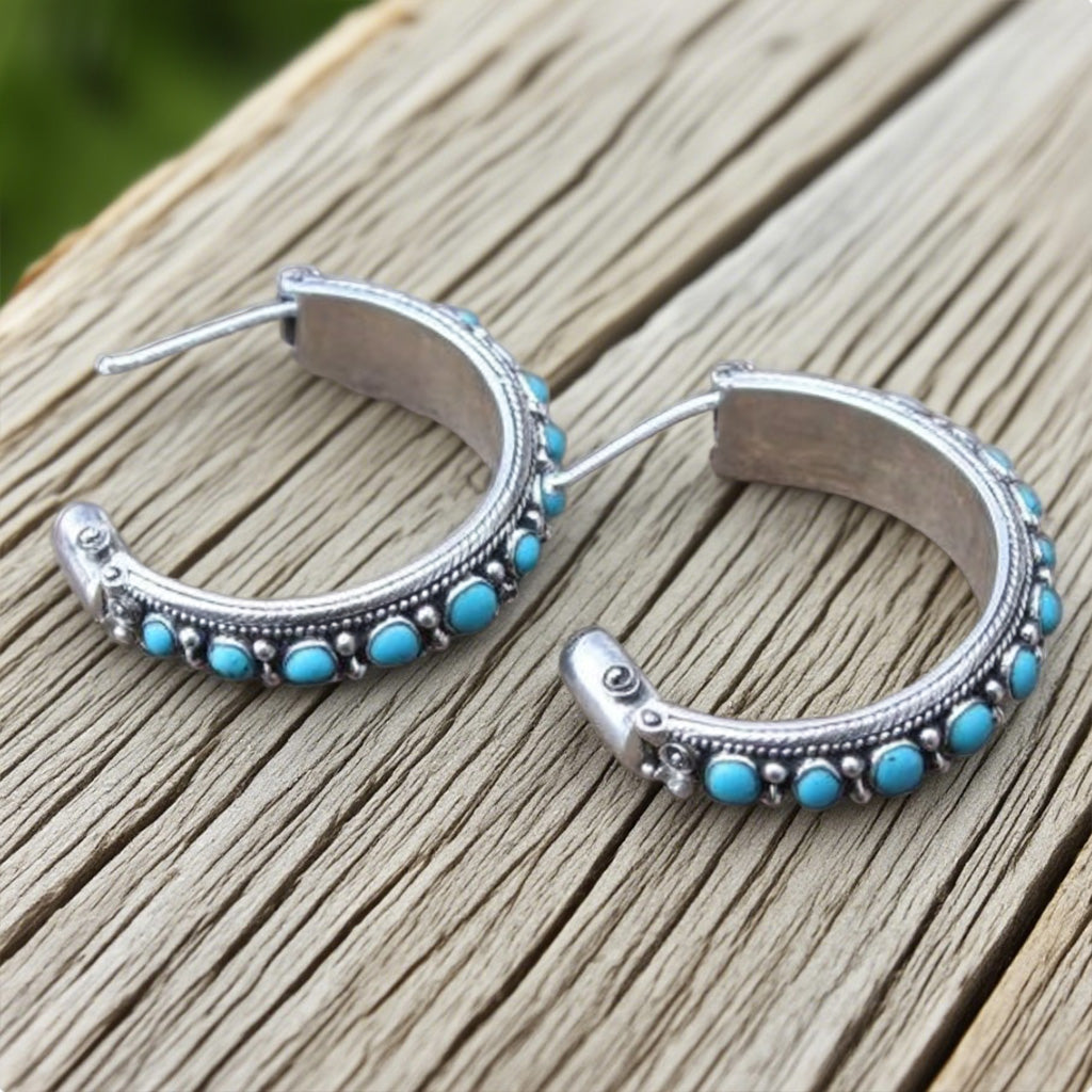 Vintage Silver Half Hoop Earrings with Turquoise Accents – Bohemian Tribal Style Jewelry