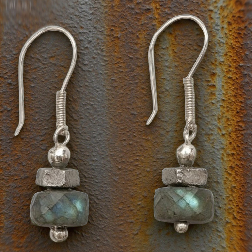 Minimalist Labradorite Drop Earrings with Silver Accents – Handmade Rustic Elegance