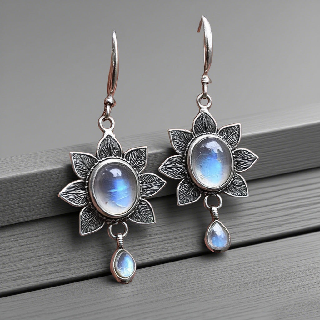 Vintage Moonstone Flower Drop Earrings – Boho Floral Dangle Jewelry