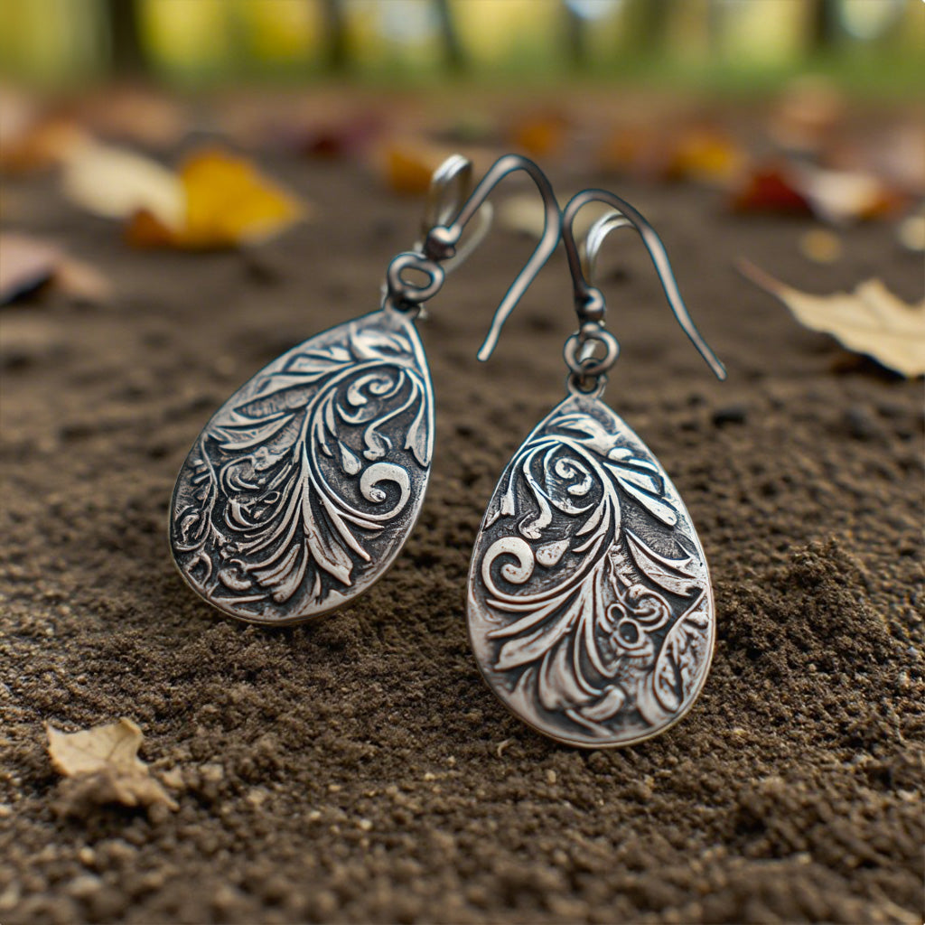 Vintage Teardrop Earrings – Antique Floral Engraved Dangle Design