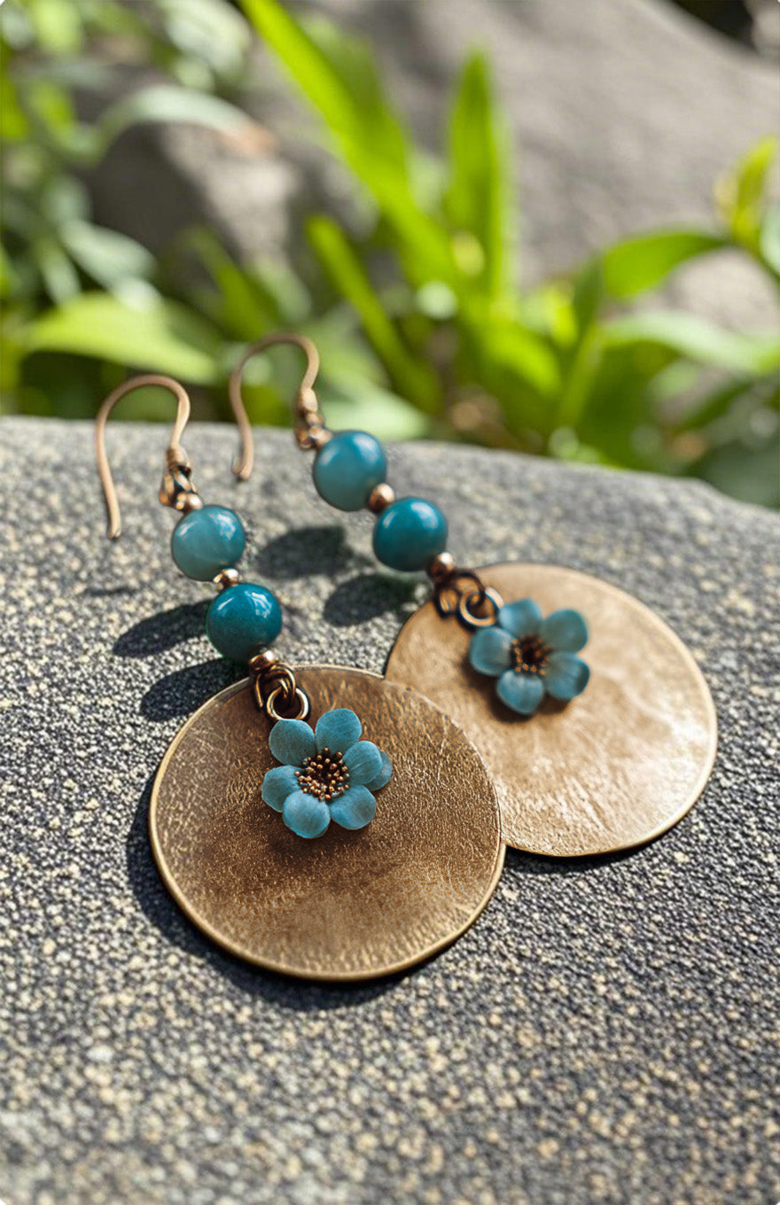 Golden Disc Dangle Earrings with Blue Beads and Flower Charm