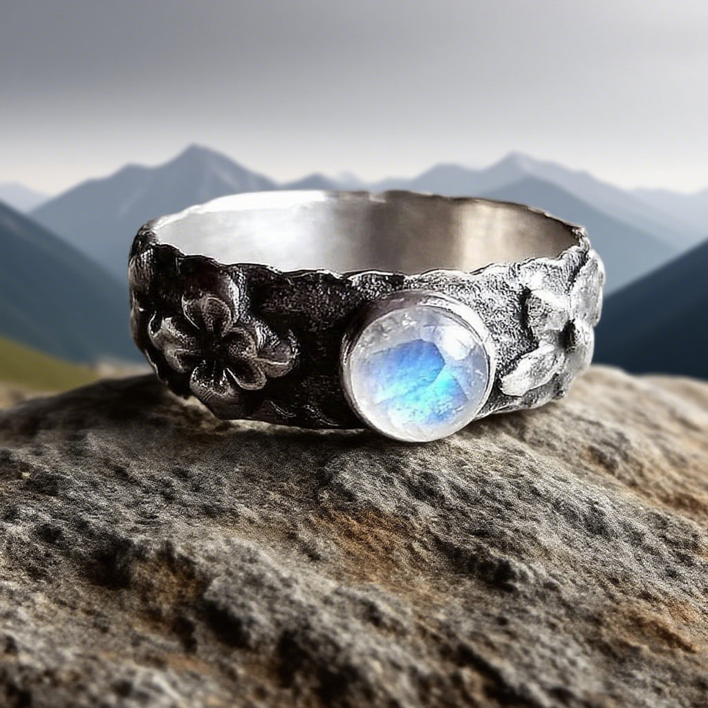 Vintage Floral Moonstone Ring – Handmade Boho Sterling Silver-Tone Band for Women