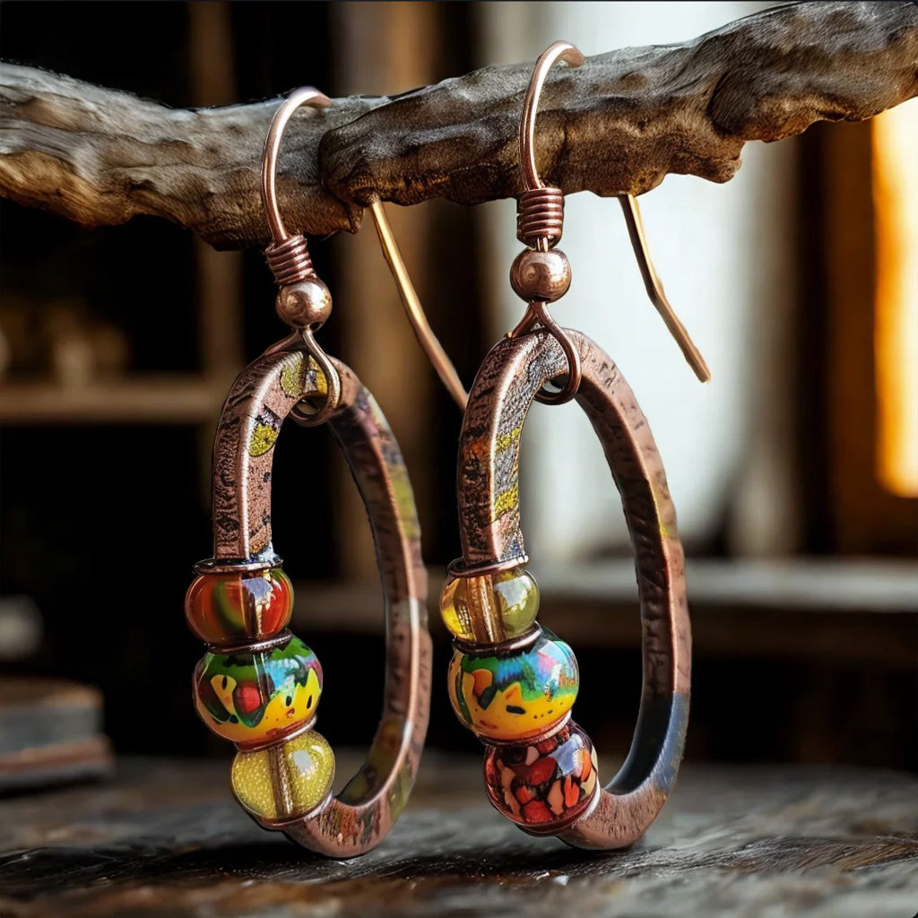 Handcrafted Boho Hoop Earrings – Rustic Copper with Colorful Art Glass Beads