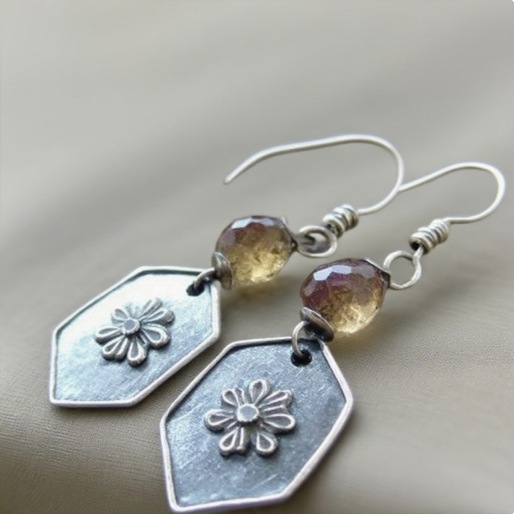 Vintage Daisy Shield Earrings – Hexagon Floral Drops with Faceted Crystal Beads