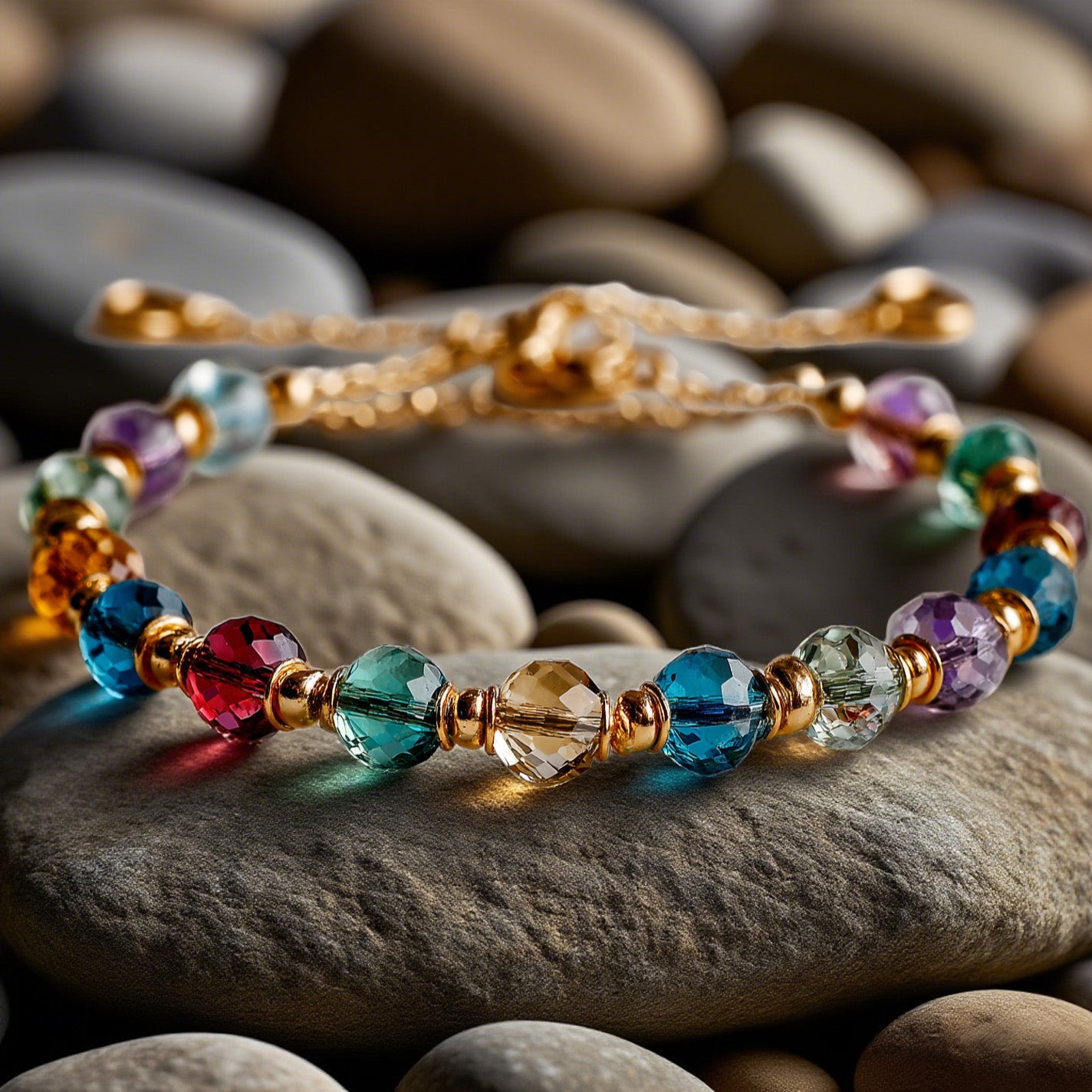 Multicolor Crystal Beaded Bracelet – Adjustable Gold-Tone Boho Chic Jewelry