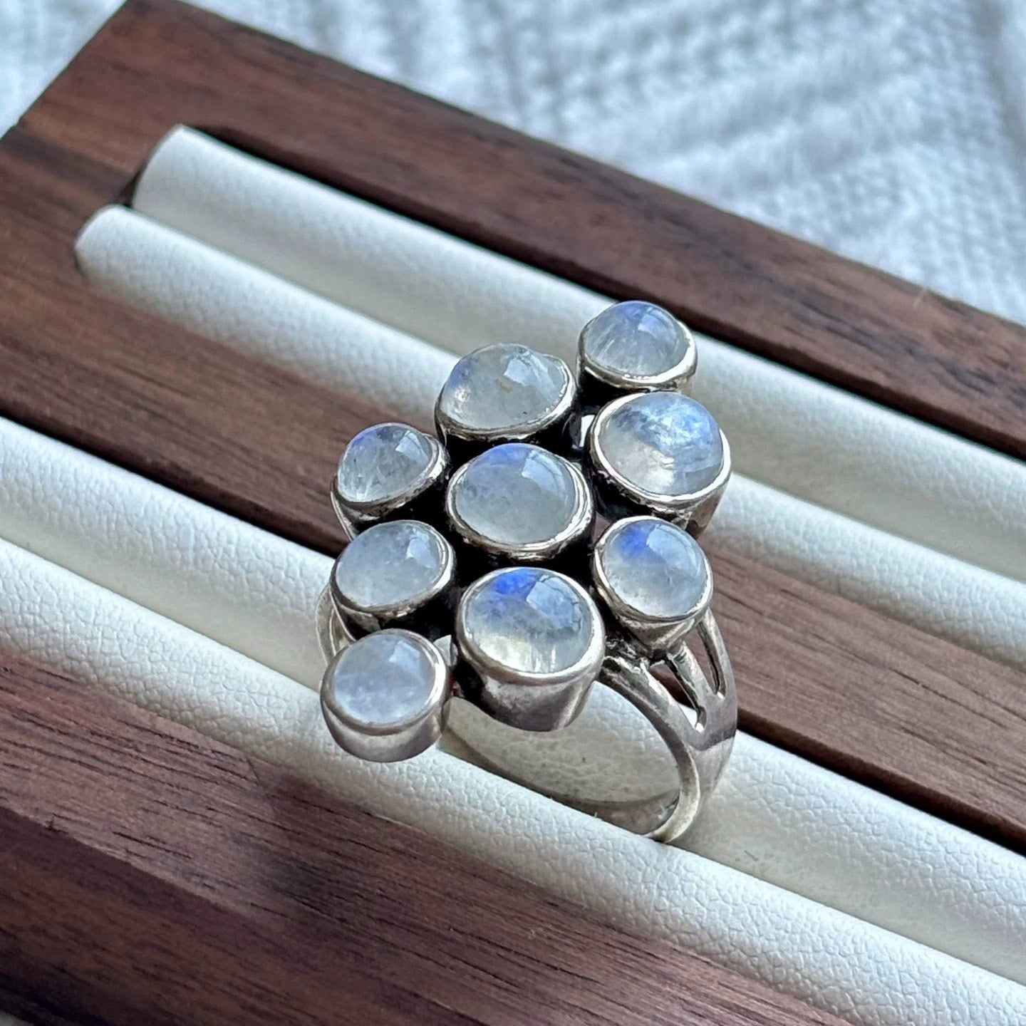 Moonstone Cluster Statement Ring – Sterling Silver Nine-Stone Celestial Goddess Ring