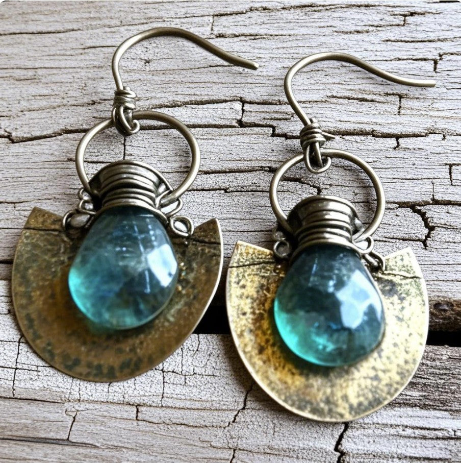 Vintage Boho Drop Earrings – Faceted Blue Crystal with Hammered Brass Fan Charms