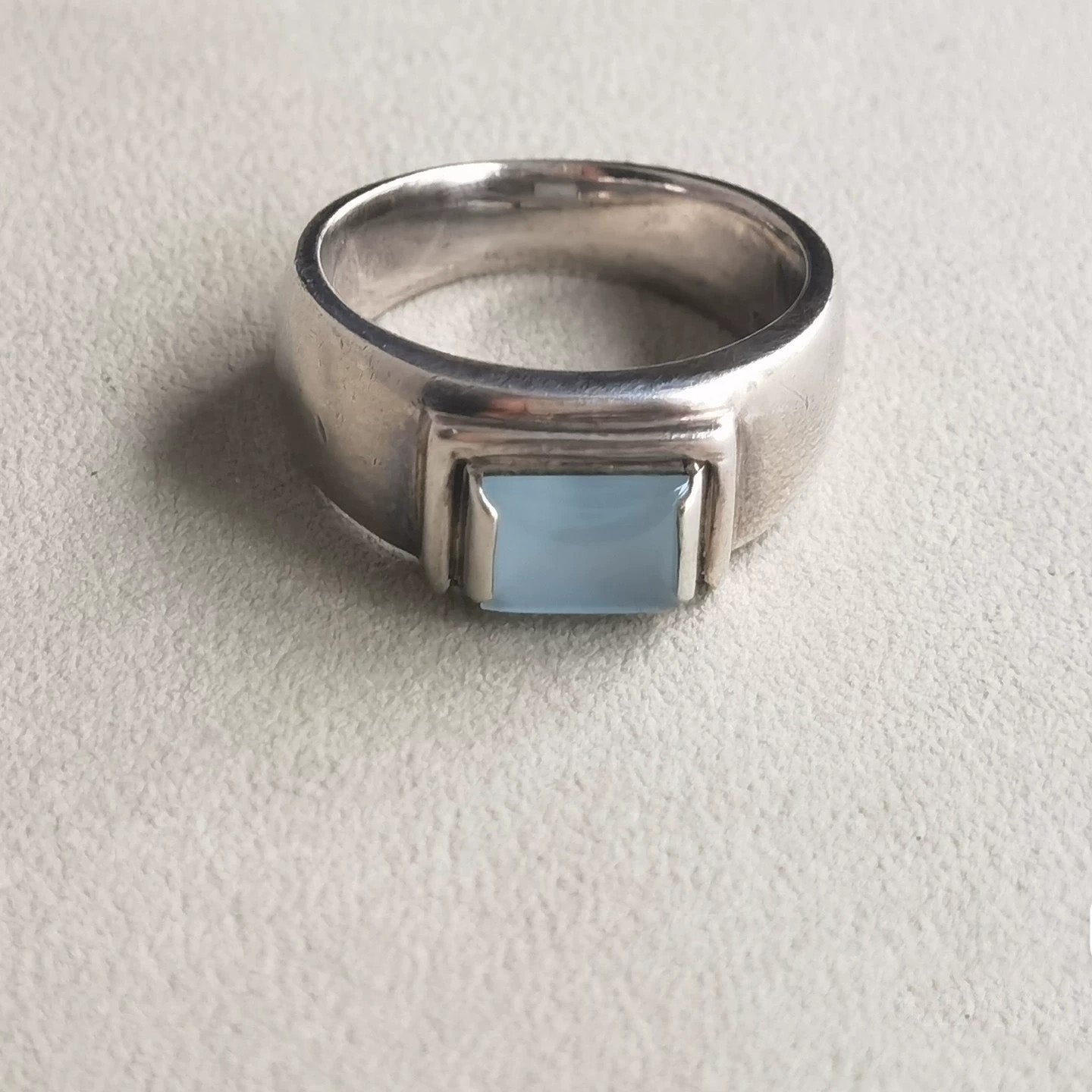 Modern Sterling Silver Ring with Square Blue Stone – Minimalist Wide Band Unisex Design