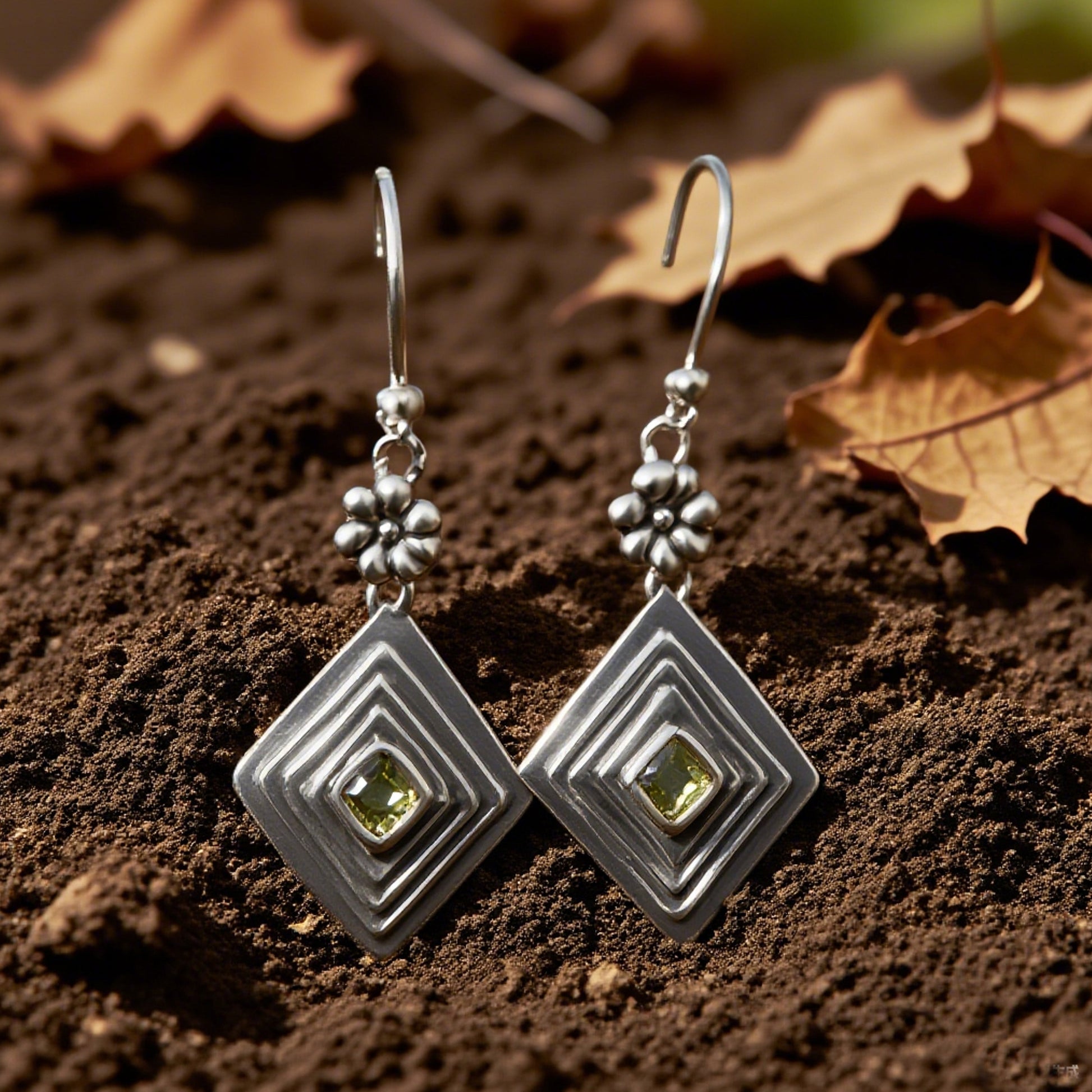 Elegant Silver Peridot Drop Earrings with Floral Design