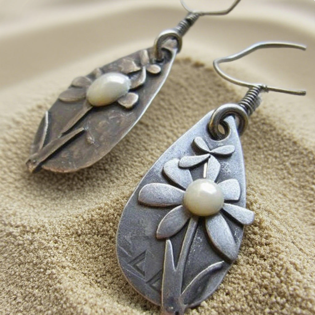 Vintage Floral Drop Earrings with Pearl Center – Handcrafted Antique Silver Look