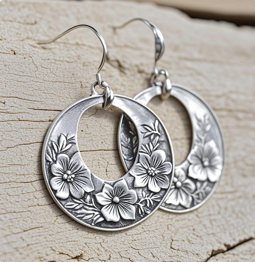 Floral Engraved Silver Crescent Hoop Earrings