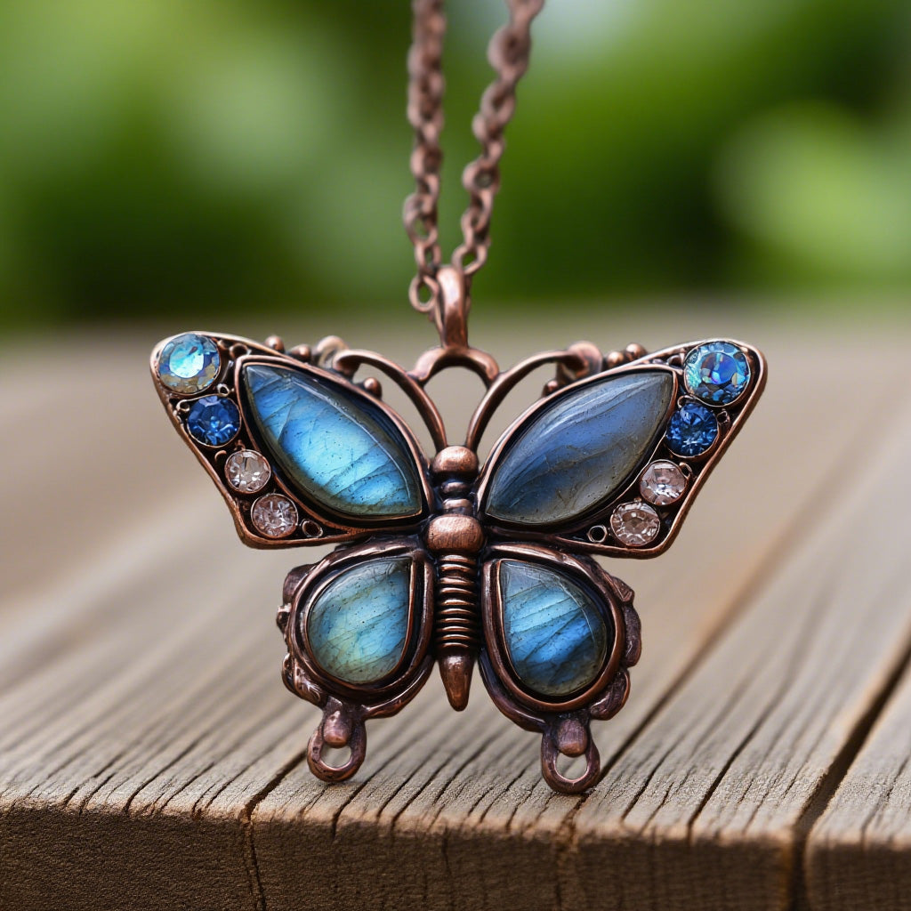 Vintage Blue Labradorite Butterfly Necklace – Handmade Boho Pendant with Crystals and Copper-Tone Finish